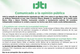 itti denuncia campaña de desinformación y aclara bloqueos en fusión Banco Atlas-Banco Familiar