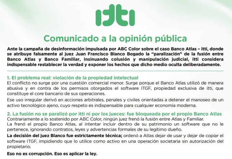 itti denuncia campaña de desinformación y aclara bloqueos en fusión Banco Atlas-Banco Familiar